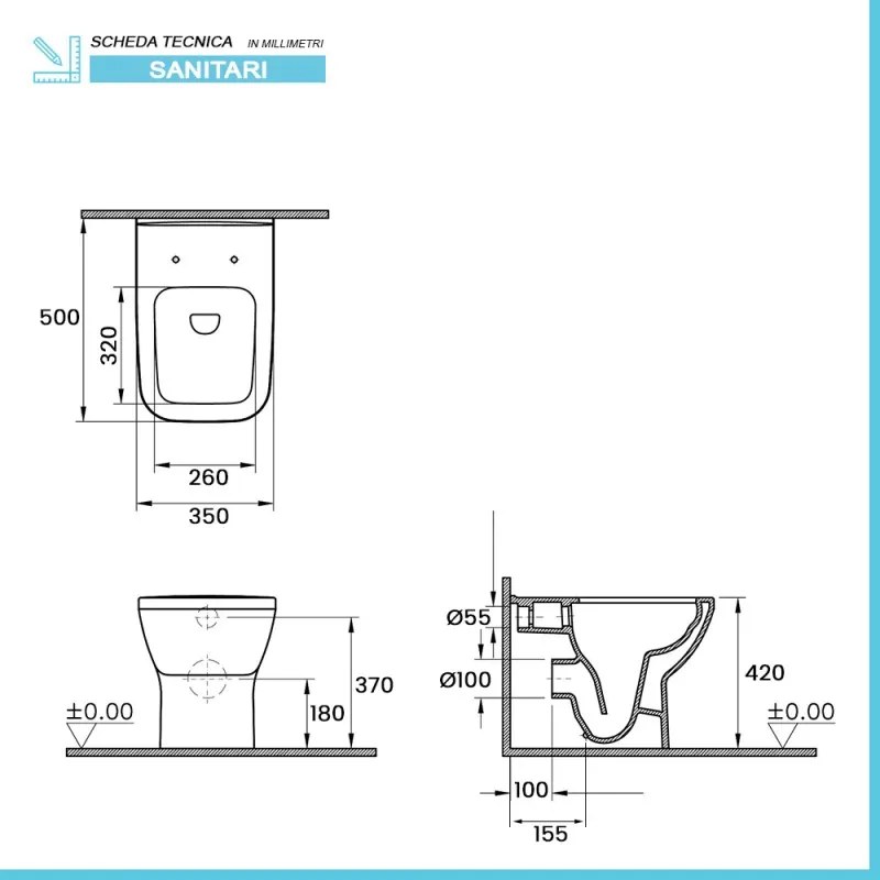 Wc filomuro bianco lucido senza brida con scarico multiplo   Plana