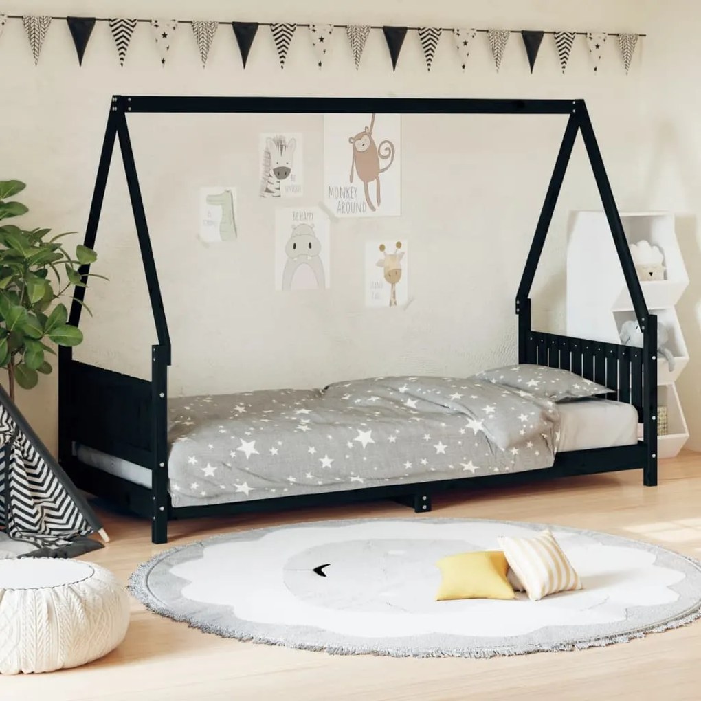 Giroletto Per Bambini Nero 80x200 Cm İn Legno Massello Di Pino /