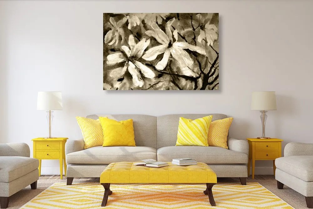 Quadro su tela – Albero acquerellato in fiore in versione seppia