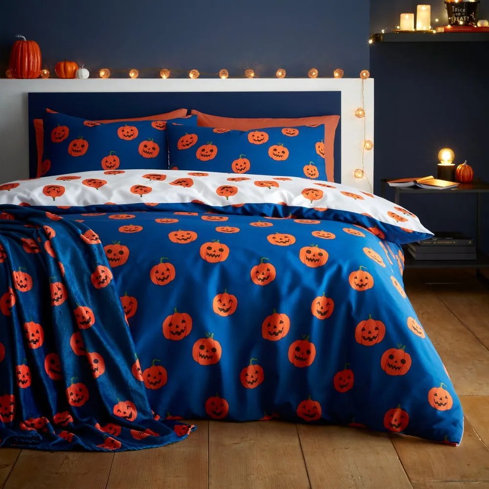 Set copripiumino e federa blu e arancione per letto matrimoniale e per letto esteso 230x220 cm Halloween Pumpkins – Catherine Lansfield