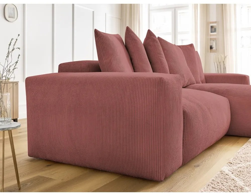 Divano angolare rosa allungabile e con contenitore rivestito in velluto a coste Voltaire – Bobochic Paris