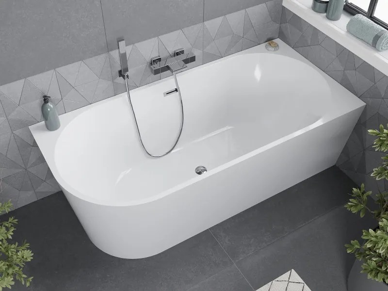 Mexen Mia vasca da bagno indipendente angolare destra 140 x 75 cm, bianca, troppopieno cromato - 52691407500P-01