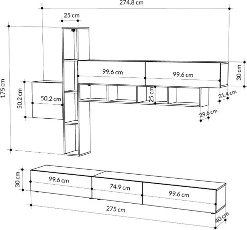 Parete Attrezzata Salotto 275 Cm Con Pensili E Vani Fashion Bianco Moka E Antracite