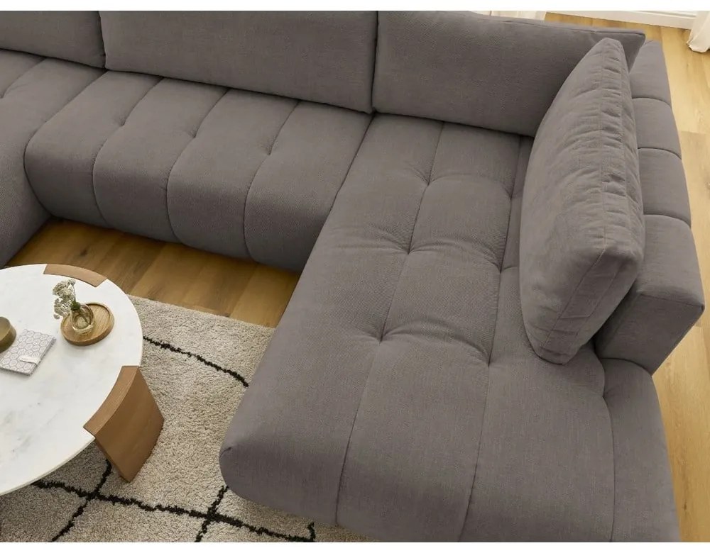 Divano angolare grigio tortora allungabile e con contenitore (penisola a destra/a U) con rivestimento in ciniglia Fuji – Bobochic Paris