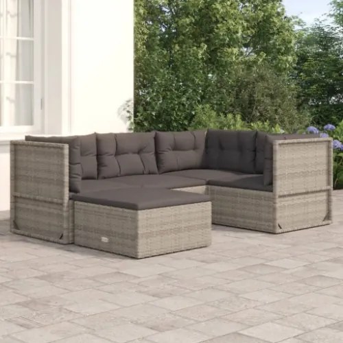 Set Divani da Giardino 5 pz con Cuscini in Polyrattan Grigio