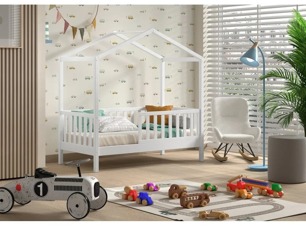 Letto da bambini a forma di casa bianco in pino massiccio con rete inclusa 70x140 cm DALLAS – Vipack