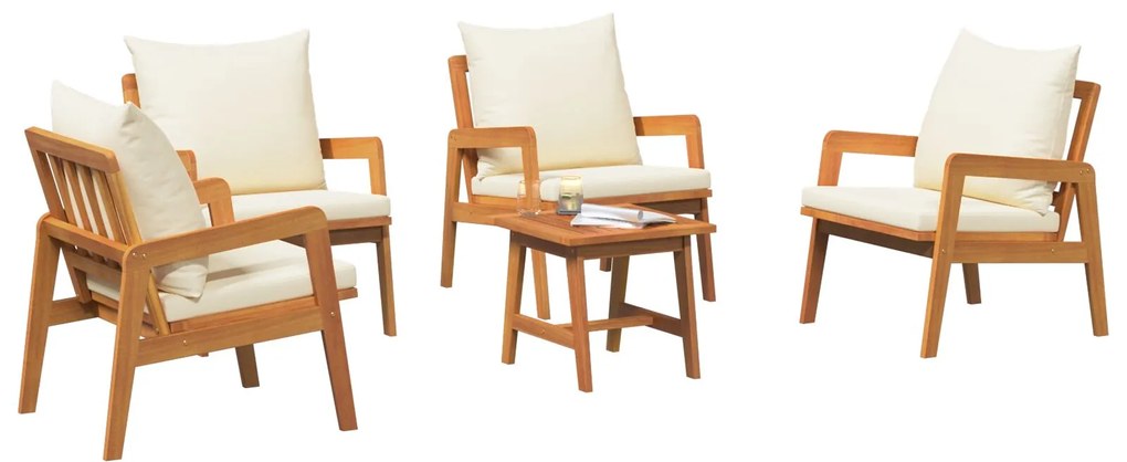 Set bistro da 5 pezzi con cuscini in legno massello di acacia