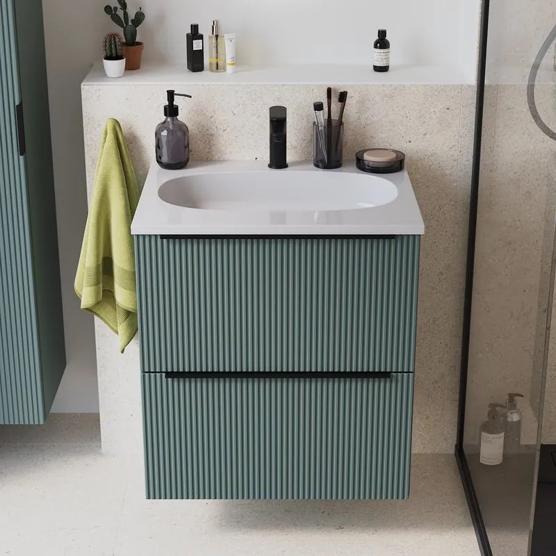 Mobile bagno sospeso Neo Groove L 61 x H 68 x P 49 cm, 2 cassetti con maniglia nero matt, lavabo in resina con vasca centrale Icone incluso, verde salvia cannettato