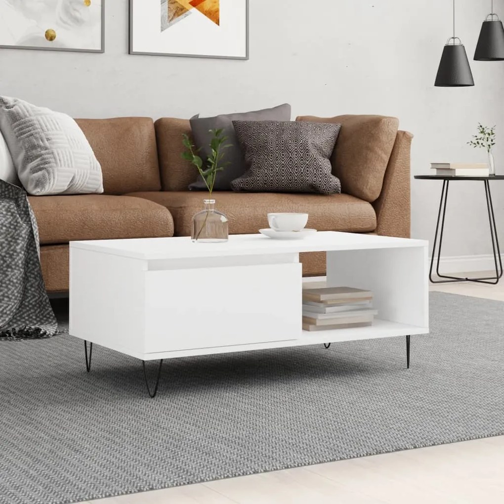 Tavolino Da Salotto Bianco 90x50x36,5 Cm İn Legno Multistrato /