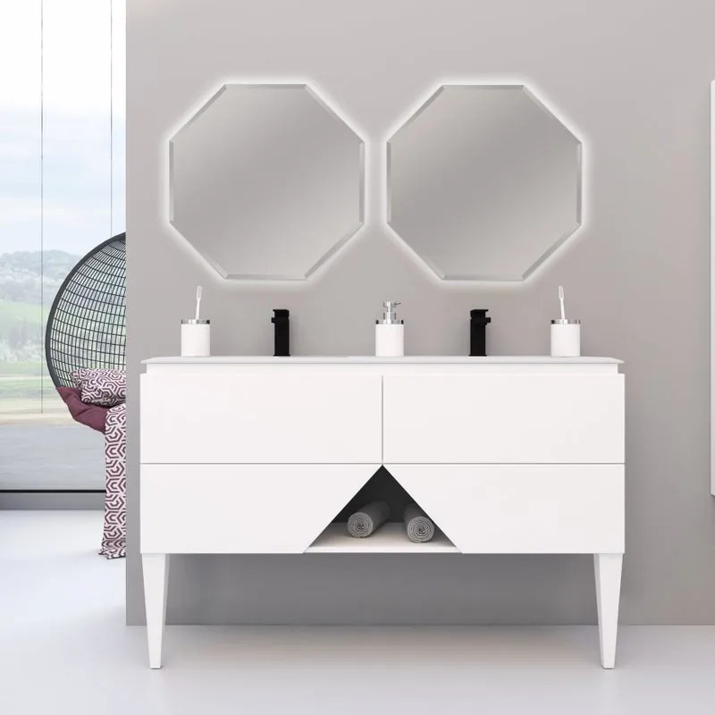 Mobile sottolavabo e lavabo Vintage per doppia vasca bianco opaco L 140 x H 55 x P 45.3 cm