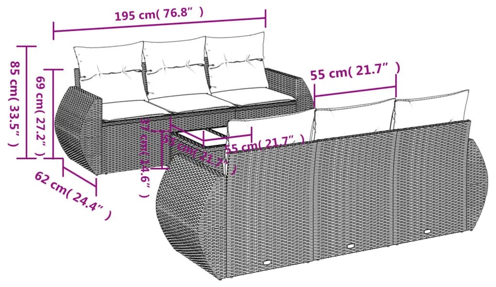 Set Divani da Giardino 7 pz con Cuscini Grigio in Polyrattan