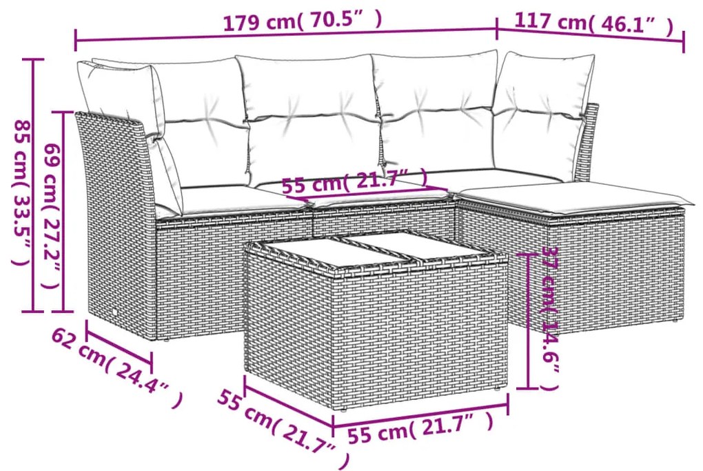 Set Divano da Giardino 5 pz con Cuscini Beige in Polyrattan