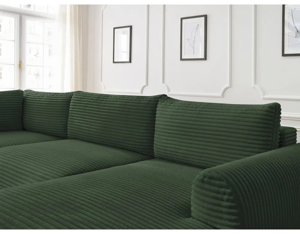 Divano angolare in verde scuro allungabile (con penisola a destra/a forma di "U") con rivestimento in velluto a coste Lucien – Bobochic Paris