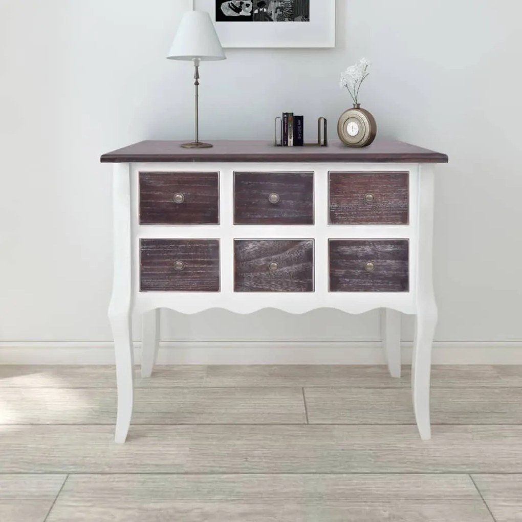 Mobile Consolle Con 6 Cassetti Marrone E Bianco İn Legno /