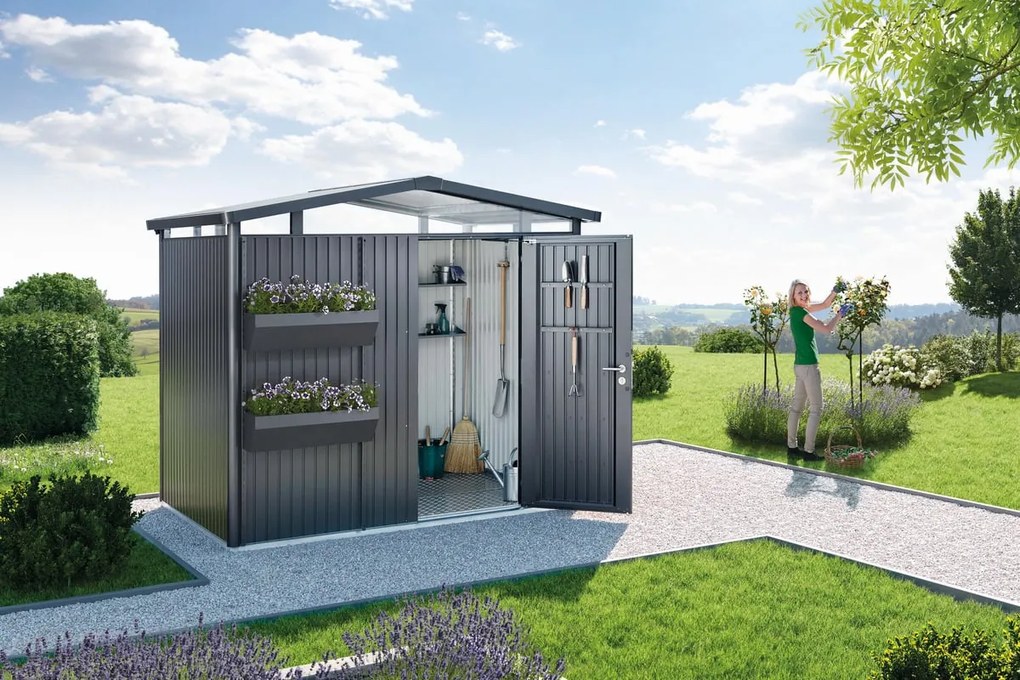 Casetta da giardino BIOHORT Panorama P3 in acciaio antracite con porta battente semplice, superficie interna 5.34 m² e spessore parete 0.5 mm