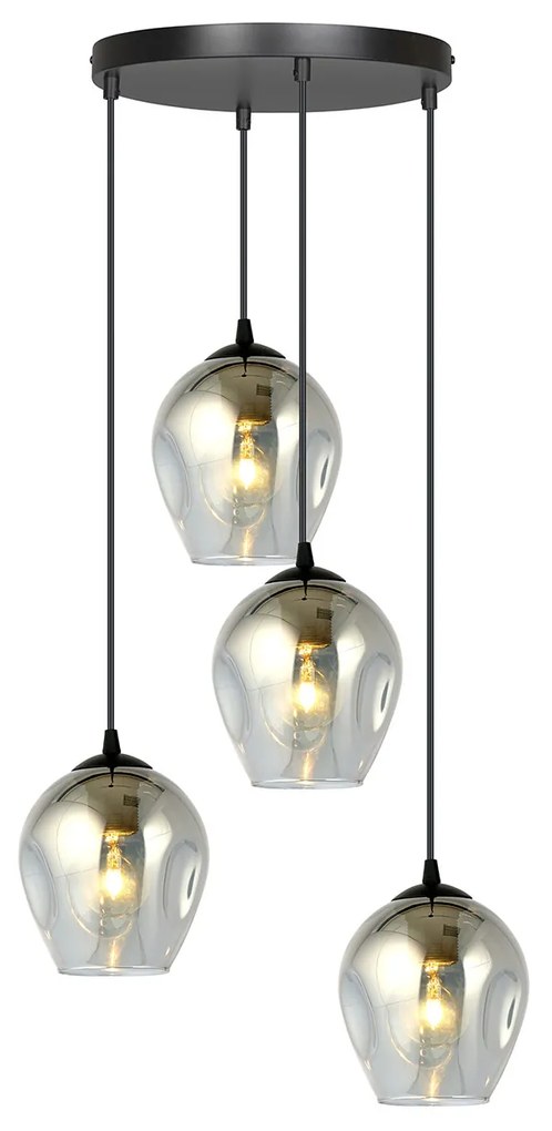 Lampadario 4 Luci Fuxi Base Tonda In Acciaio Nero E Vetri Fumè