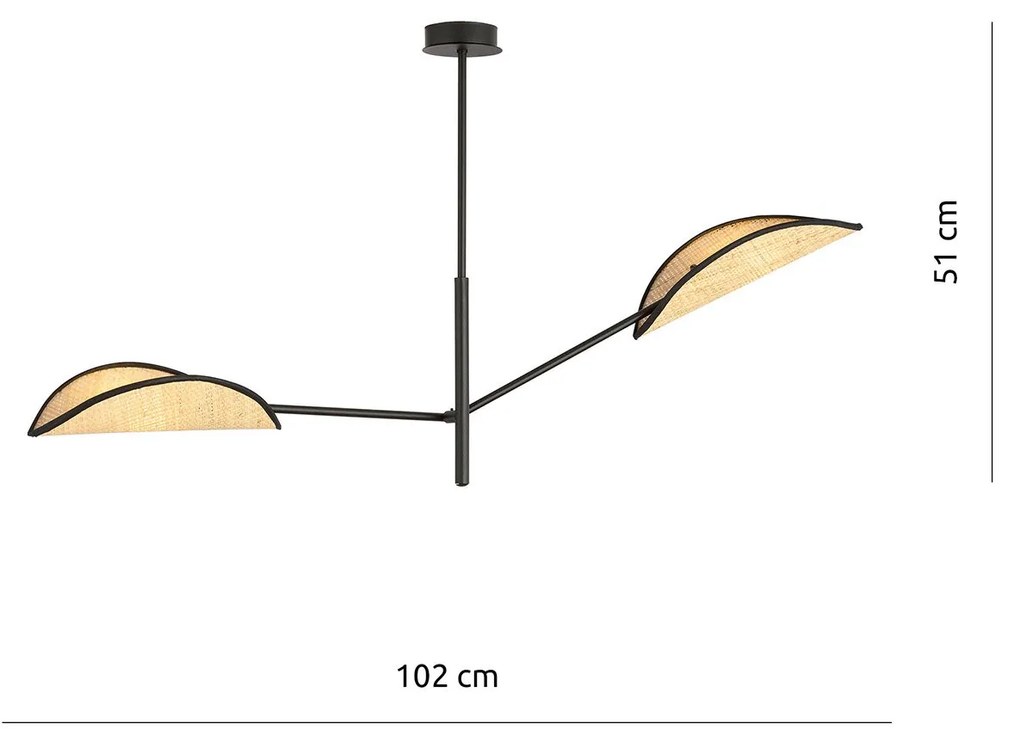 Lampadario 2 Luci Vene In Acciao Nero E Rattan Con Bracci Mobili