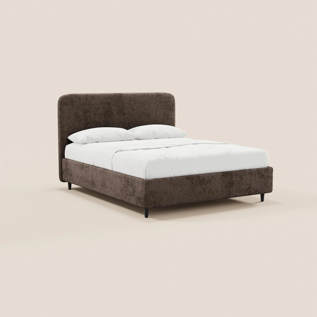 KAELOS letto minimal imbottito - vano contenitore, piedi alti e testiera arrotondata in tessuto ciniglia
