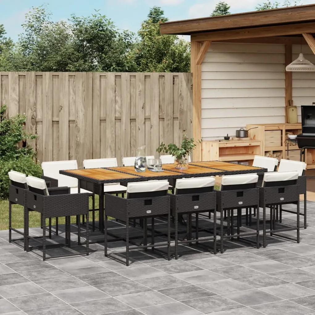 Set da pranzo da giardino 13pz con cuscini nero in polyrattan