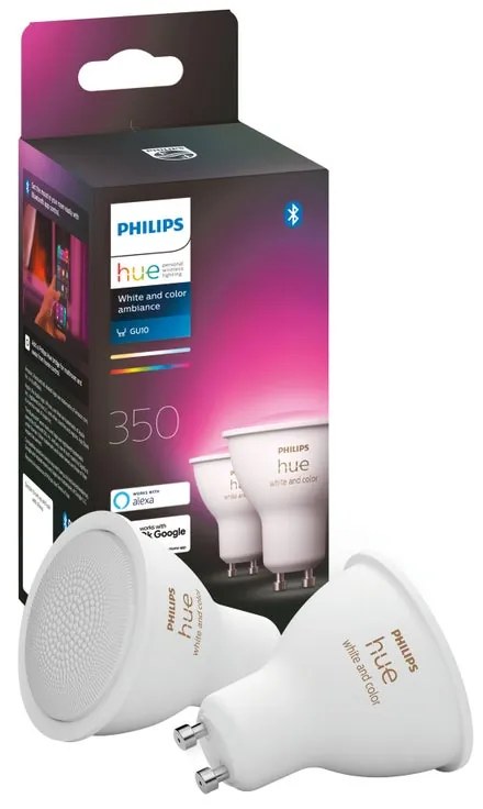 Set da 2 lampadine Hue Color, LED, GU10 faretto, trasparente, luce cct e rgb, 5.7W= 350LM (equiv 5.7 W), 200° dimmerabile, PHILIPS HUE