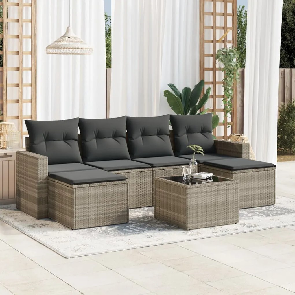 Set divani da giardino 7pz con cuscini grigio chiaro polyrattan