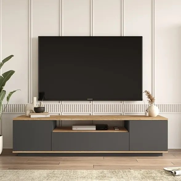 Mobile TV Da Terra 180 Cm Con Vano Ed Ante Antracite E Legno Todd