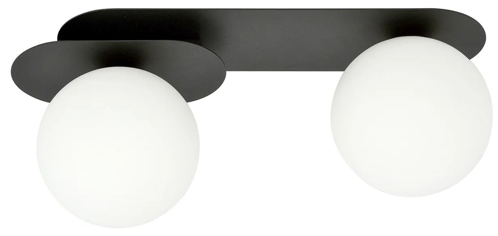 Plafoniera Minimal 2 Luci Teia In Acciaio Nero E Sfere Vetro Opale