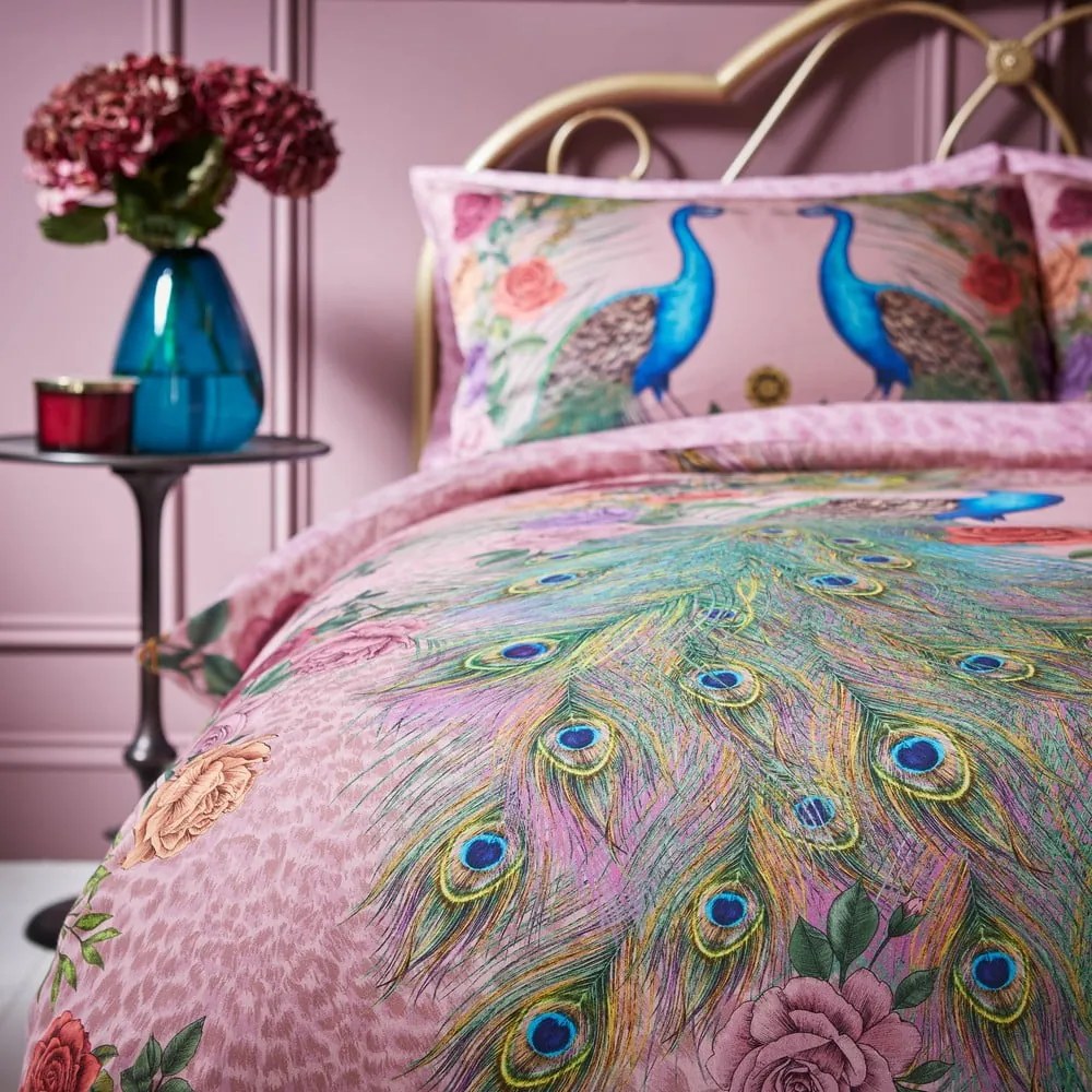 Set copripiumino e federa rosa in raso di cotone per letto matrimoniale e per letto esteso 230x220 cm Xanadu Peacock – Matthew Williamson
