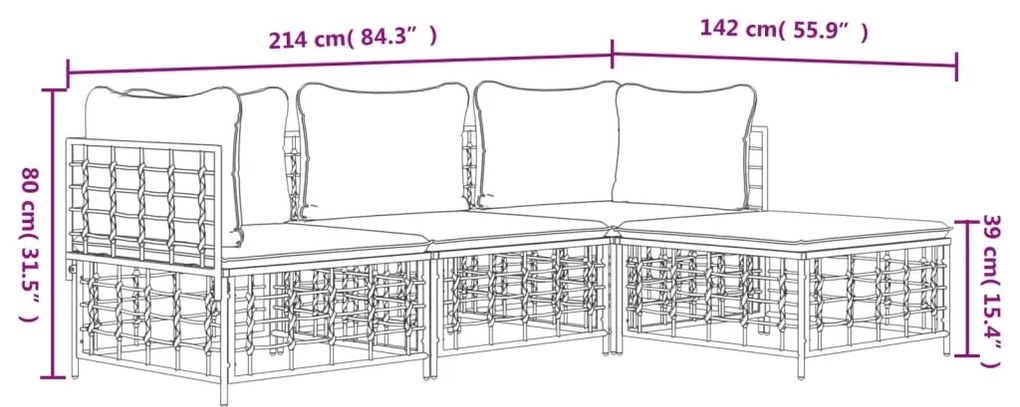 Set Divani da Giardino 4 pz con Cuscini Antracite in Polyrattan