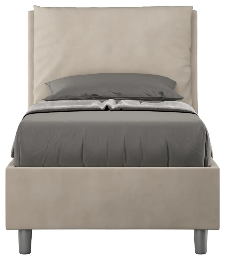 Letto singolo imbottito 80x200 microfibra Antea senza rete, con rete e contenitore, Sabbia / Con Rete