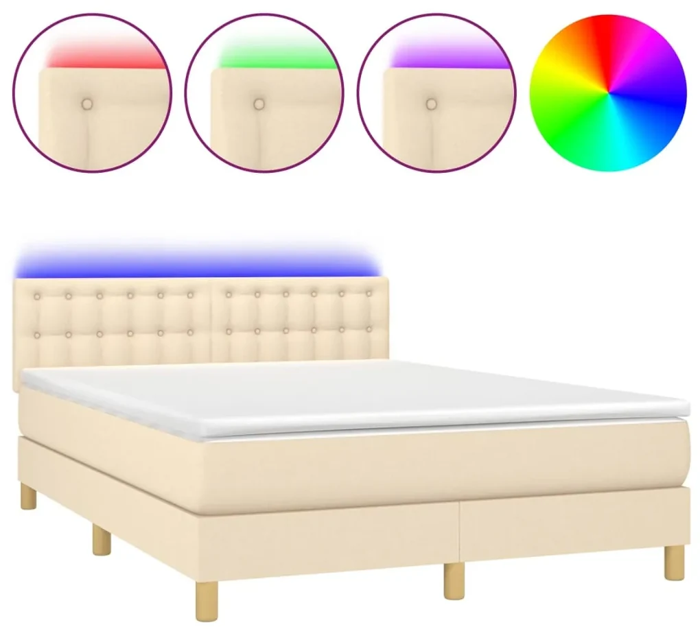 Letto a molle con materasso e led crema 140x190 cm in tessuto