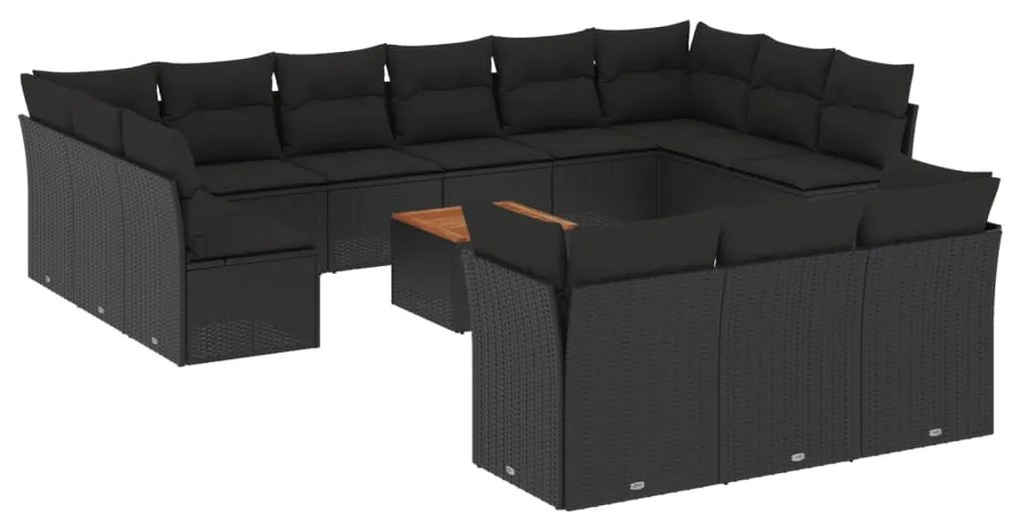 Set divani da giardino 14pz con cuscini in polyrattan nero