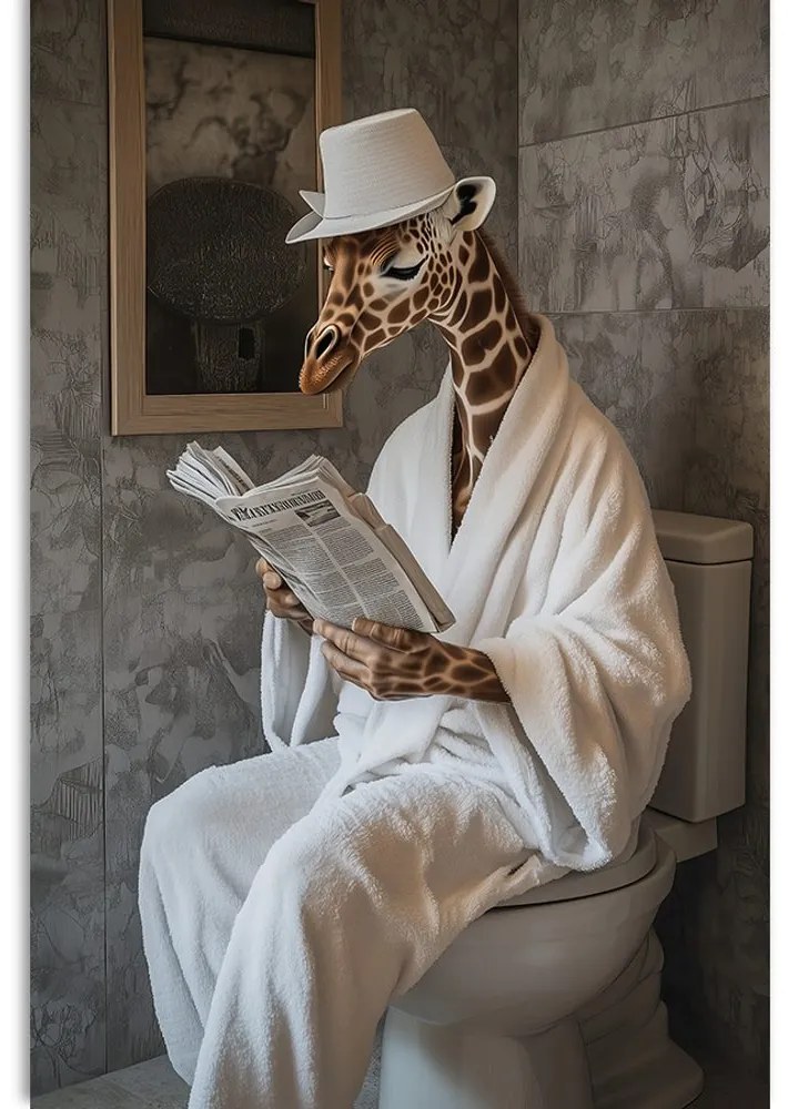 Quadro su tela – Giraffa con giornale in bagno