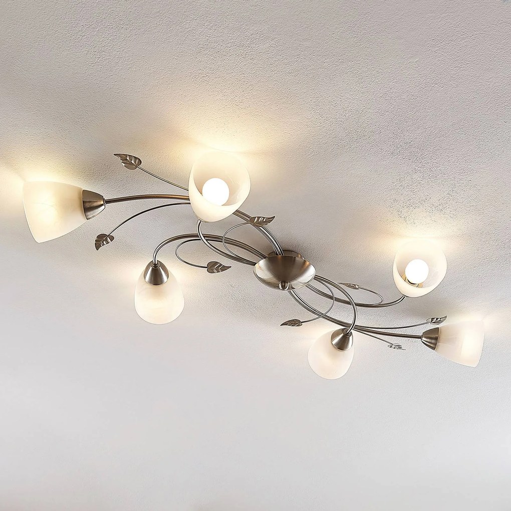 Lindby plafoniera Yannie, a 6 luci, 106 cm, nichel/bianco, vetro