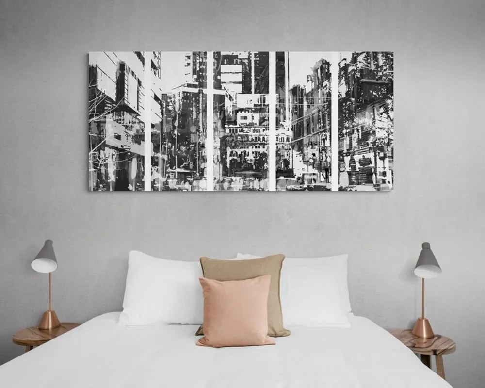 Quadri 5 pezzi – Panorami urbani astratti in bianco e nero