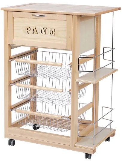 Carrello portapane con portabottiglie e cesti portafrutta Naturale