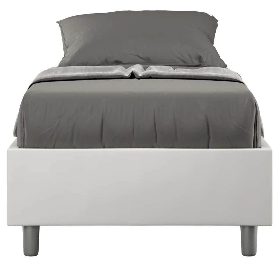Letto singolo imbottito similpelle Azelia con e senza rete e contenitore, Bianco / Contenitore