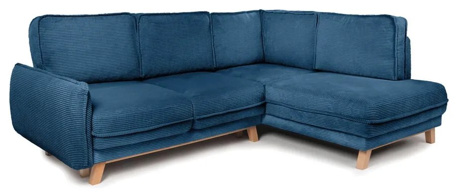 Divano angolare blu allungabile (con penisola a destra) con rivestimento in velluto a coste Tori – Bonami Selection
