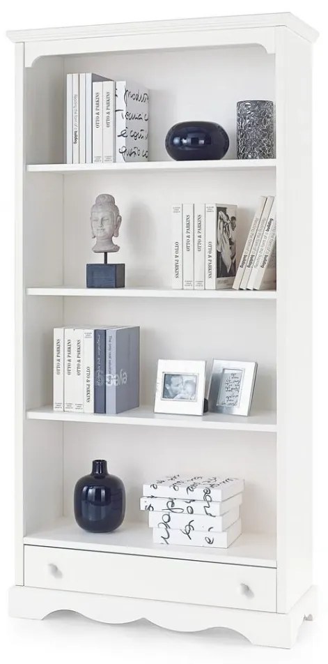 Libreria in legno bianco con 4 ripiani e cassetto