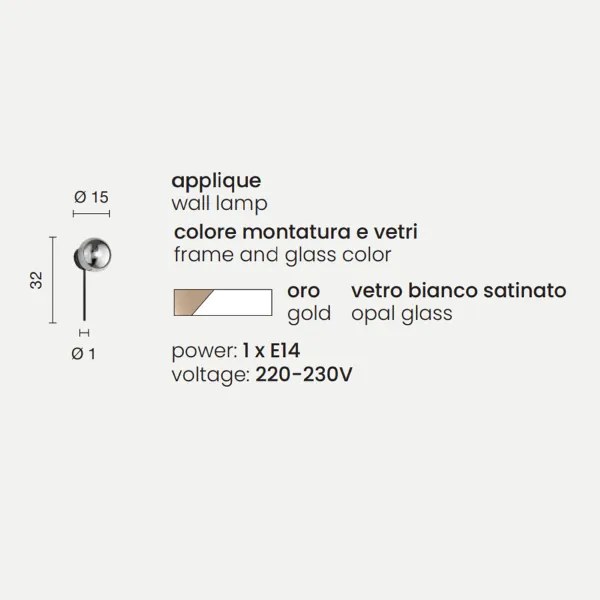 Applique D15 cm JEWEL in metallo Oro e diffusore in vetro soffiato Bianco satinato