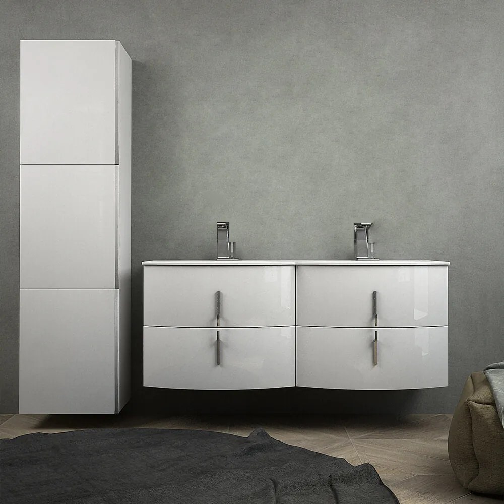 Mobile bagno doppio lavabo 140 cm bianco lucido sospeso con colonna da 170 cm