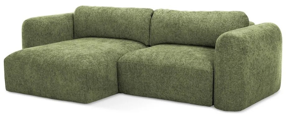 Divano angolare verde allungabile/con contenitore (con penisola a sinistra/con chaise lounge) con rivestimento in ciniglia Mele – Makamii