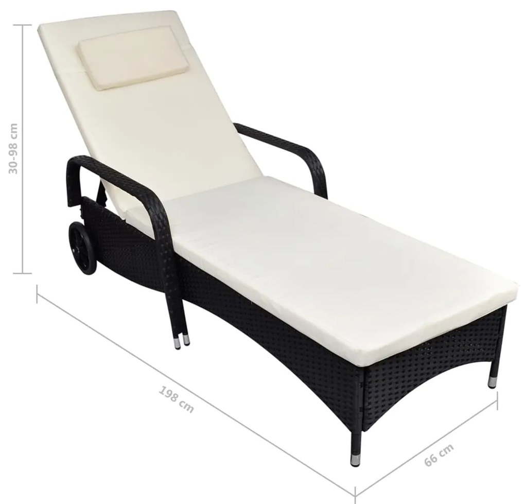 Lettino prendisole con ruote in polyrattan nero