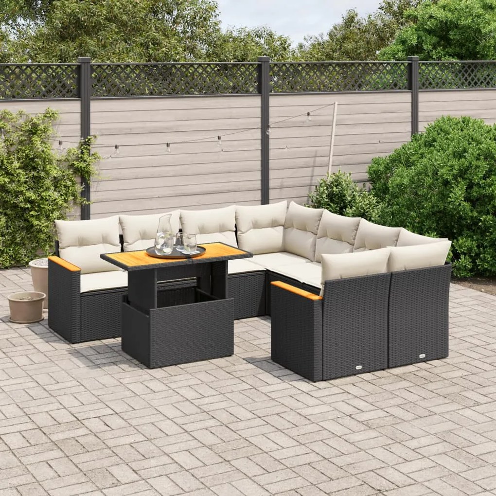 Set divani da giardino 9 pz con cuscini nero in polyrattan