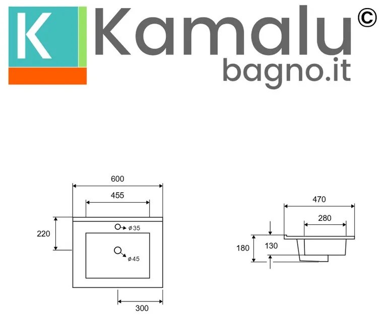 Kamalu - lavabo incasso 60 cm per mobili in ceramica bianca | litos-k7060