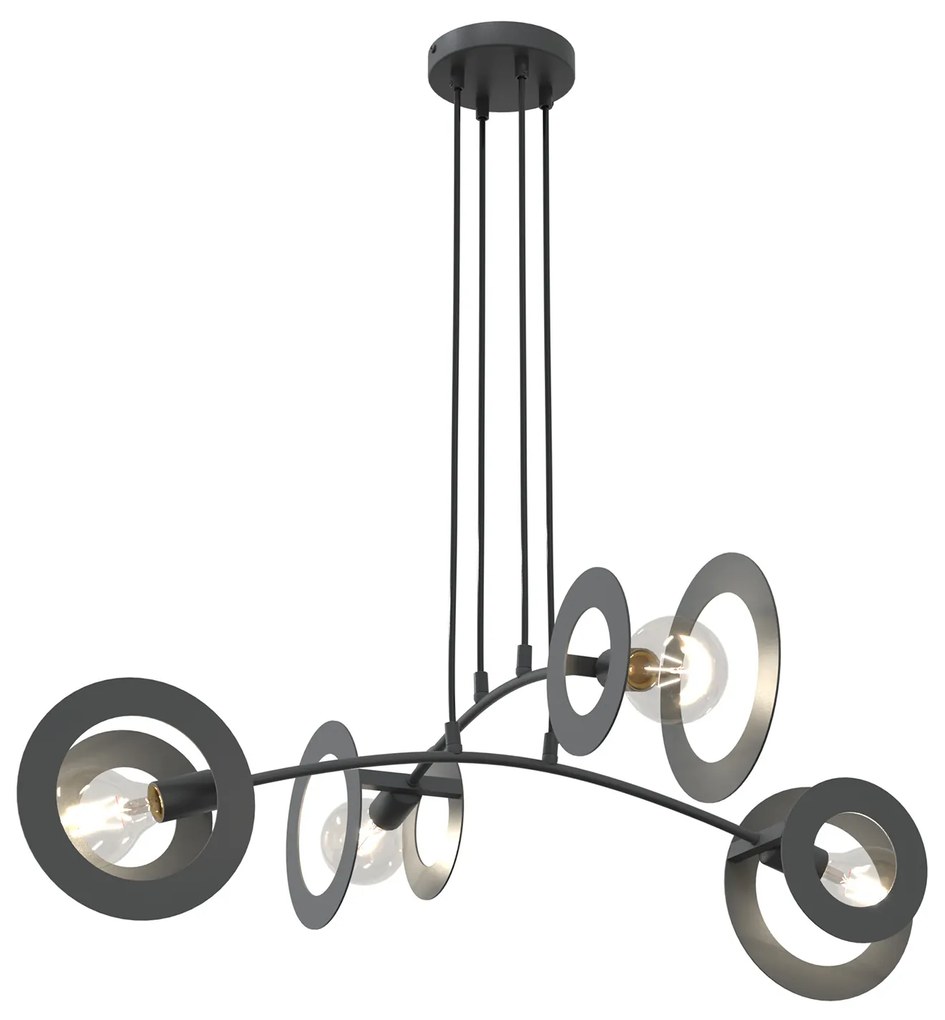 Lampadario 4 Luci Crono In Acciaio Nero A Bracci E Diffusori A Doppio Cerchio