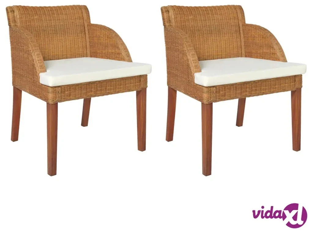 vidaXL Sedie da Pranzo con Cuscini 2 pz Marrone Chiaro Rattan Naturale