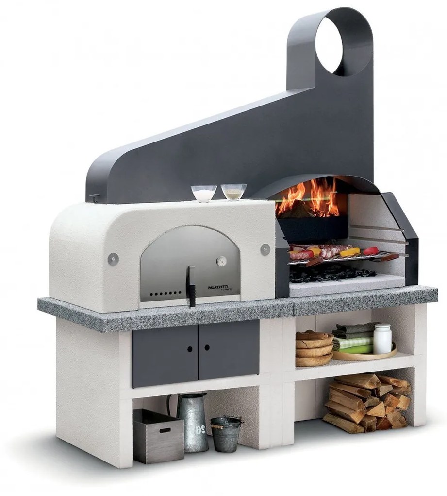 Palazzetti Maxime 2 barbecue con grill e forno a legna con cappa metallo antracite piano in Marmotech effetto granito grigio