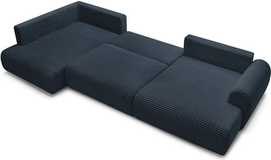 Divano angolare blu scuro allungabile/con contenitore (con penisola a sinistra/a U) con rivestimento in velluto a coste Lucien – Bobochic Paris