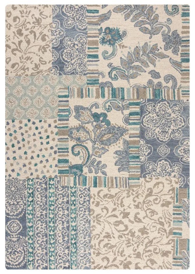 Tappeto blu/beige in lana tessuto a mano 200x290 cm Eloise Patchwork – Flair Rugs